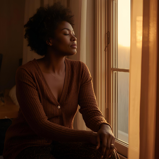 Black woman sitting peacefully by a sunlit window with eyes closed, taking a slow grounding breath in the morning.